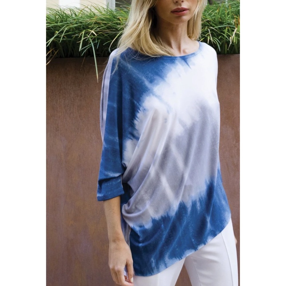 Clara Sun Woo size XL Blue Gray Tie Dye Stretch Knit Asymmetric Blouse Artsy